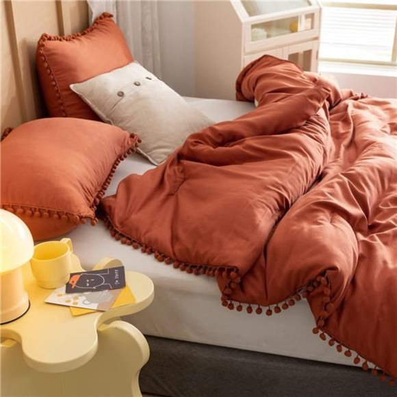 Terracotta Queen Comforter Set 3pcs Boho Ball Pom Bedding Aesthetic Burnt Orange - Picture 2 of 6